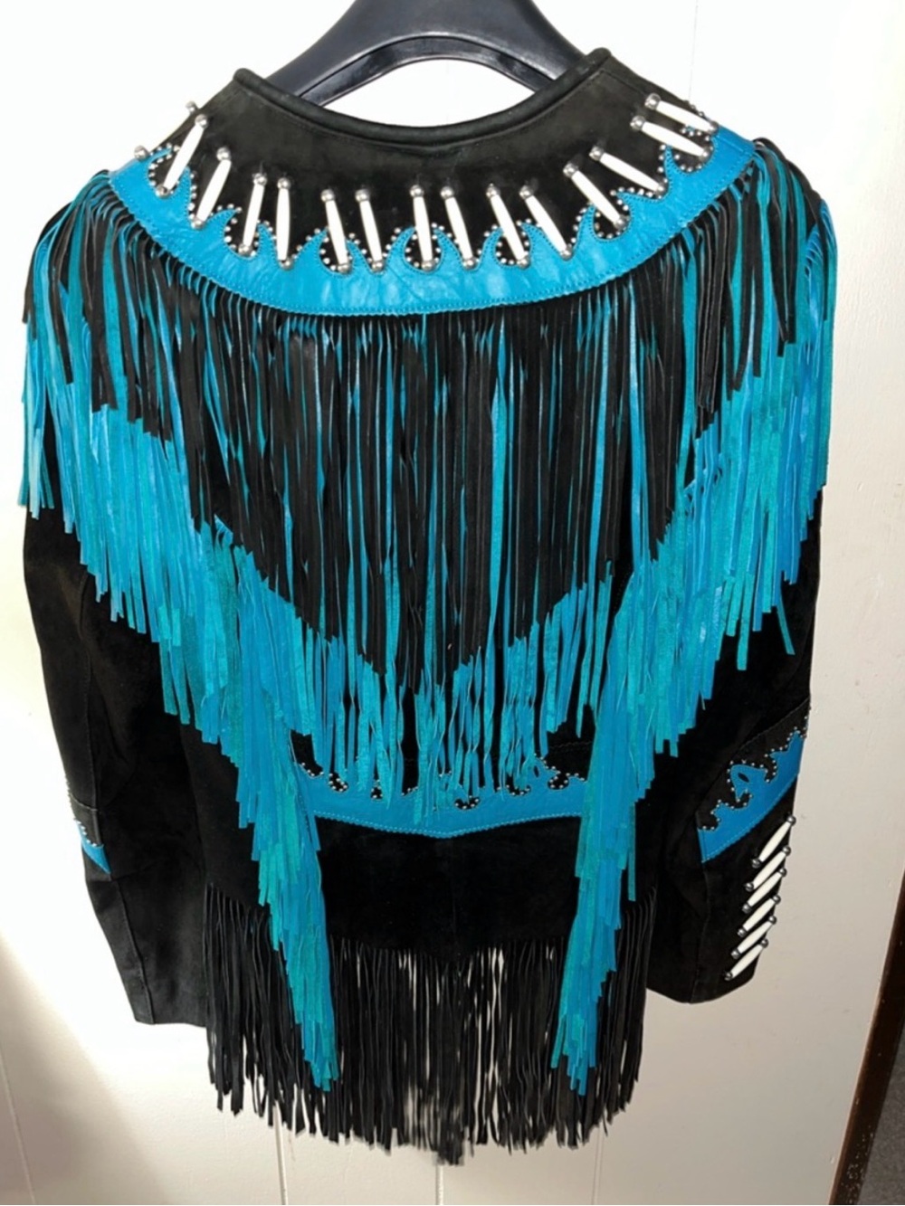 Barneys Leather Black Suede Jacket with Turquoise Fringe